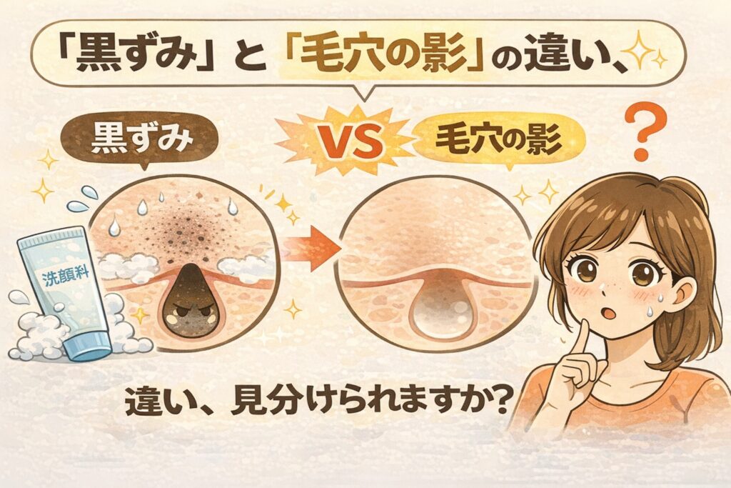 「黒ずみ」と「毛穴の影」の違いを比較した図解イラスト。黒角栓による黒ずみと、角栓がなく光の当たり方で暗く見える毛穴の影を、毛穴断面イラストで対比し、洗顔では改善しないケースがあることを示している。