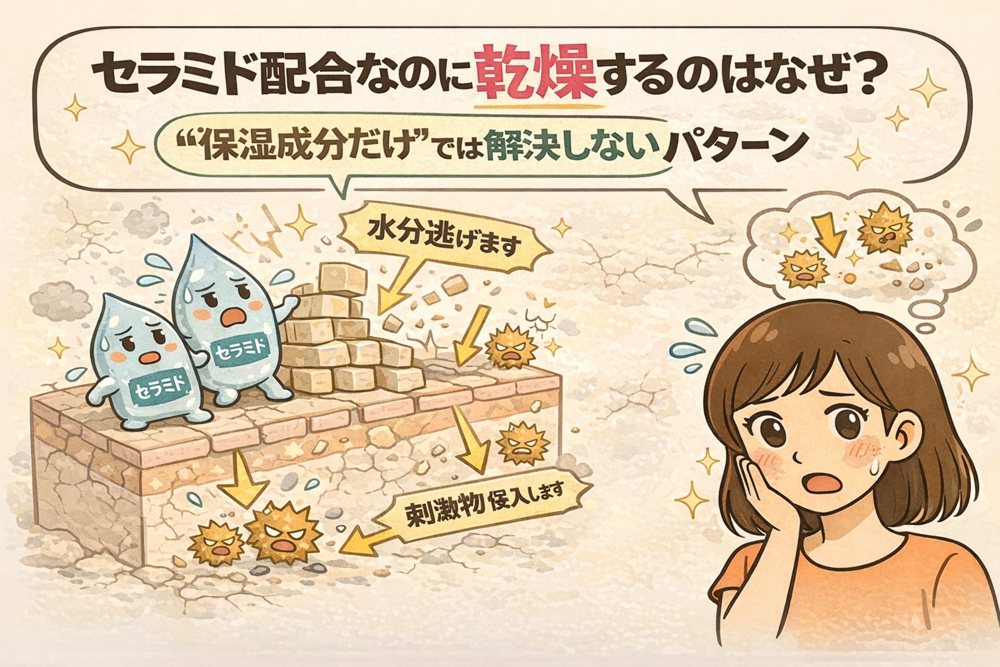 セラミド配合なのに乾燥する理由を解説するイラスト。セラミドの擬人化キャラクターが並ぶ肌バリア構造から水分が逃げ、刺激物が侵入する様子を図解し、保湿成分だけでは乾燥が解決しないケースを示している。頬の乾燥に悩む女性の表情とともに、バリア機能低下の仕組みを分かりやすく伝える構図。