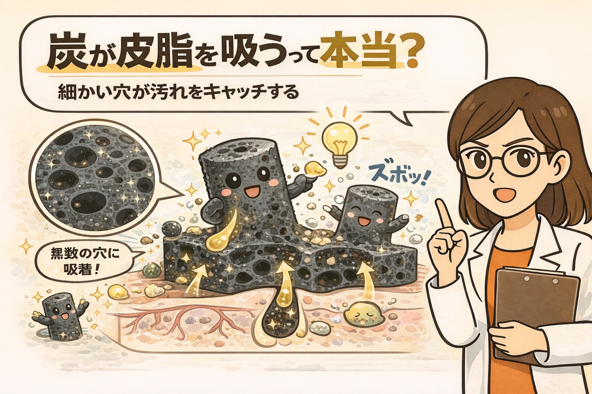 炭が皮脂を吸着すると言われる理由を、炭の微細な穴構造から解説したイラスト。無数の細かい孔に皮脂や汚れが入り込み、吸着される仕組みを、擬人化した炭キャラクターと毛穴断面図、解説する人物でわかりやすく表現している。