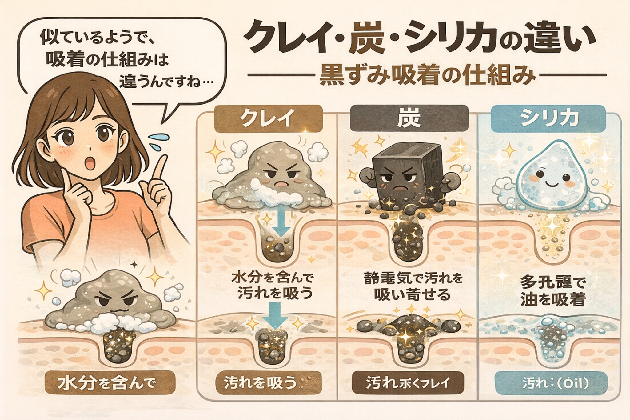 クレイ・炭・シリカの違いを、黒ずみ吸着の仕組みとして比較したイラスト。左からクレイは水分を含んで汚れを吸う、炭は静電気の力で汚れを吸い寄せる、シリカは多孔質構造によって皮脂（油）を吸着する様子が、毛穴断面の図で並べて描かれている。成分ごとの吸着メカニズムの違いを直感的に理解できる構図。