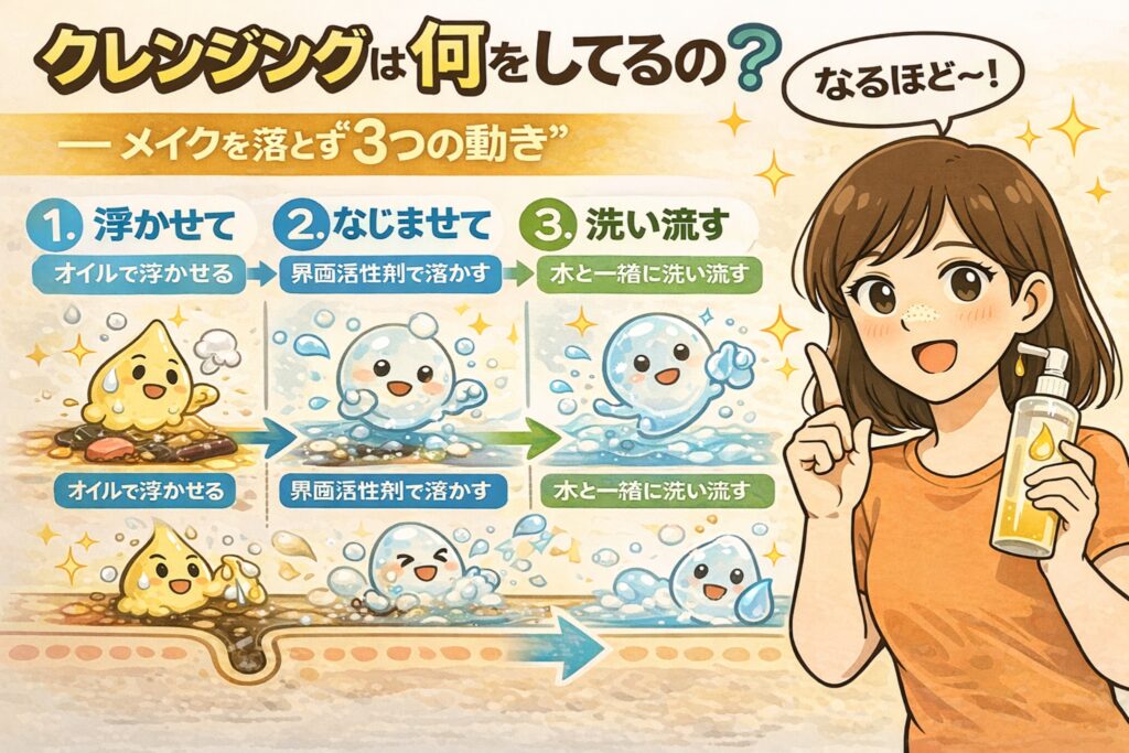 クレンジングが何をしているのかを解説するイラスト。メイクを落とす3つの動きとして、「オイルで浮かせる」「界面活性剤でなじませて溶かす」「水と一緒に洗い流す」という工程を、毛穴断面図と擬人化キャラクターで順番に表現。クレンジングの仕組みを直感的に理解できる構成。