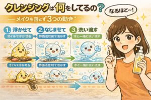 クレンジングが何をしているのかを解説するイラスト。メイクを落とす3つの動きとして、「オイルで浮かせる」「界面活性剤でなじませて溶かす」「水と一緒に洗い流す」という工程を、毛穴断面図と擬人化キャラクターで順番に表現。クレンジングの仕組みを直感的に理解できる構成。