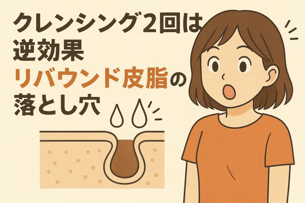 「クレンジング2回は逆効果　リバウンド皮脂の落とし穴」という見出しの横で、驚いた表情の女性が描かれたイラスト。下には毛穴断面図が示され、クレンジング過多によって皮脂が過剰に分泌される“リバウンド皮脂”をイメージしたデザイン。