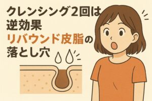 「クレンジング2回は逆効果　リバウンド皮脂の落とし穴」という見出しの横で、驚いた表情の女性が描かれたイラスト。下には毛穴断面図が示され、クレンジング過多によって皮脂が過剰に分泌される“リバウンド皮脂”をイメージしたデザイン。