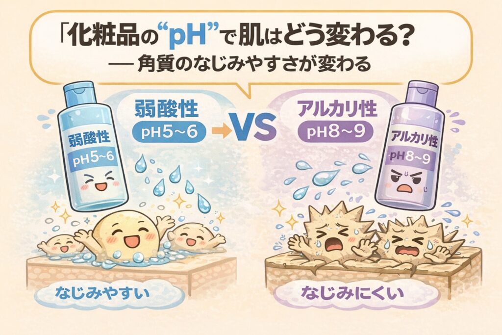化粧品のpHによって肌へのなじみやすさが変わることを解説したイラスト。弱酸性（pH5〜6）は角質になじみやすく、アルカリ性（pH8〜9）はなじみにくい様子を、化粧品ボトルと角質のキャラクターで比較している。