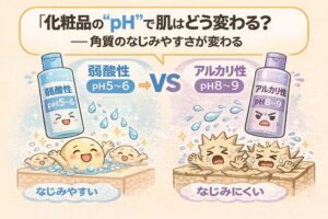 化粧品のpHによって肌へのなじみやすさが変わることを解説したイラスト。弱酸性（pH5〜6）は角質になじみやすく、アルカリ性（pH8〜9）はなじみにくい様子を、化粧品ボトルと角質のキャラクターで比較している。
