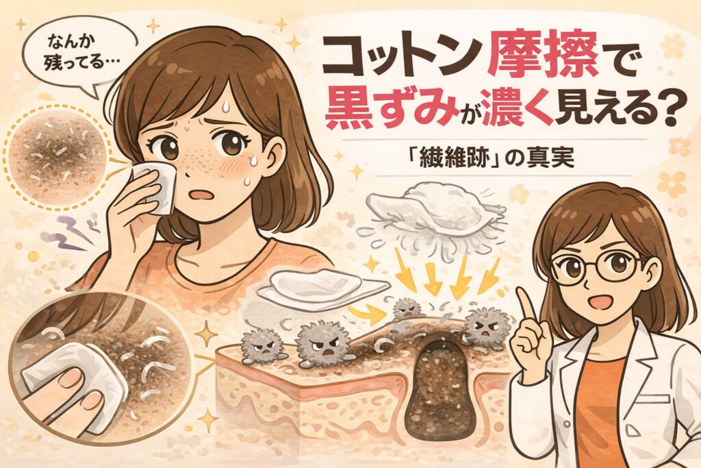 コットンで肌をこすった際の摩擦によって、毛穴の黒ずみが濃く見える理由を解説したイラスト。繊維くずの付着や摩擦刺激により、角栓表面が乱れ、黒ずみが強調される仕組みを毛穴断面図と人物で示している。