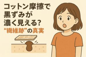 「コットン摩擦で黒ずみが濃く見える？“繊維跡”の真実」というタイトルの横で、驚いた表情の女性が描かれたイラスト。下には毛穴断面図と、コットンの網目模様が肌に跡として残る様子が示され、摩擦によって黒ずみが強調されて見える仕組みを表現している。