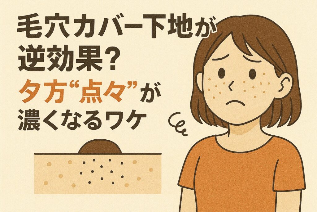 「毛穴カバー下地が逆効果？夕方“点々”が濃くなるワケ」というタイトルの横で、頬の点々が濃く見えて困った表情をする女性のイラスト。下には下地が毛穴に詰まって影が強調される様子を表す断面図が描かれ、カバー下地による“夕方の点々悪化”を説明するデザイン。