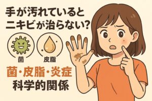 「手が汚れているとニキビが治らない？」というテーマのイラスト。 左側には菌のキャラクター、皮脂のしずくアイコン、そして「菌・皮脂・炎症」と書かれた文字。 右側には、泥や汚れがついた手を前に出す女性が、頬のニキビを気にして指を当てている。 汚れた手で触れることで菌や皮脂が混ざり炎症が悪化するという科学的関係を説明する構成。