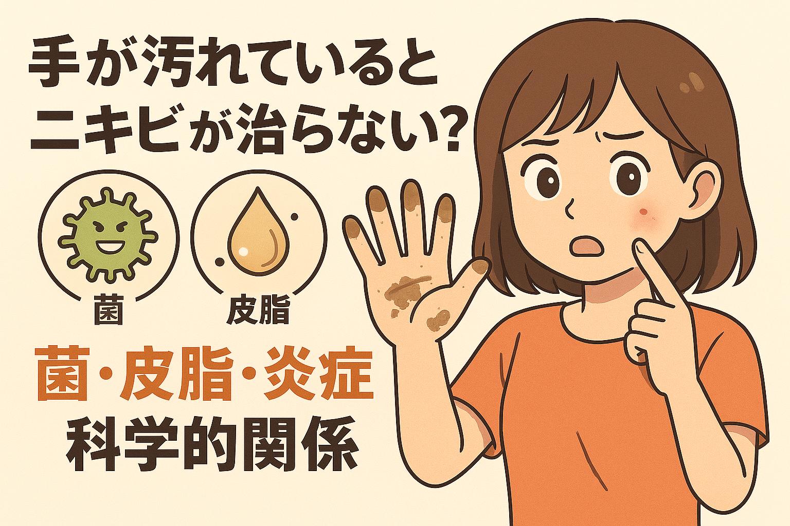 「手が汚れているとニキビが治らない?」というテーマのイラスト。 左側には菌のキャラクター、皮脂のしずくアイコン、そして「菌・皮脂・炎症」と書かれた文字。 右側には、泥や汚れがついた手を前に出す女性が、頬のニキビを気にして指を当てている。 汚れた手で触れることで菌や皮脂が混ざり炎症が悪化するという科学的関係を説明する構成。