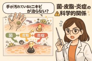 手が汚れているとニキビが治りにくくなる理由を示した図解イラスト。汚れた手から菌が肌に付着し、皮脂と混ざって炎症を起こすまでの流れを、白衣の女性が科学的に解説している。