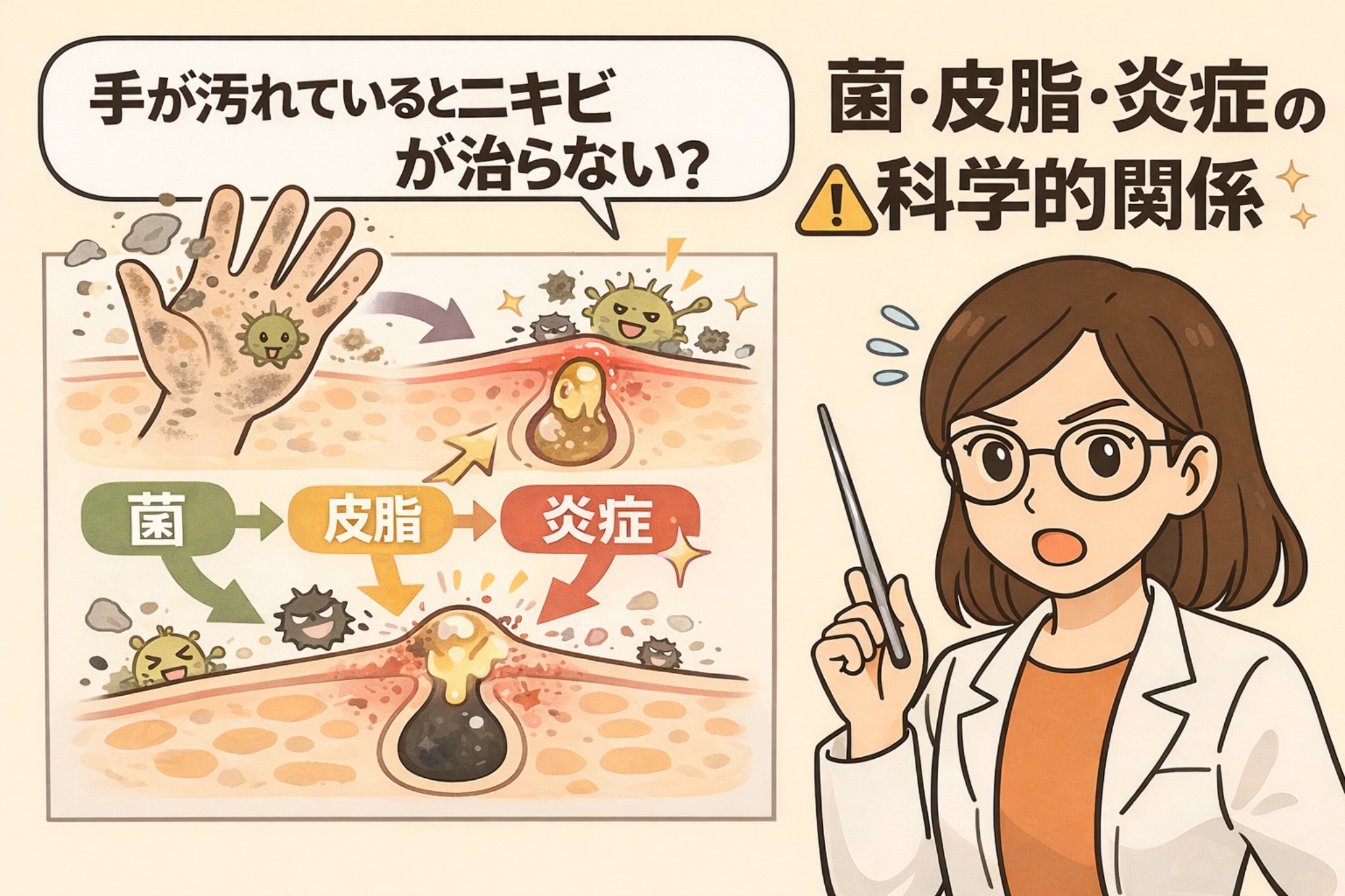 手が汚れているとニキビが治りにくくなる理由を示した図解イラスト。汚れた手から菌が肌に付着し、皮脂と混ざって炎症を起こすまでの流れを、白衣の女性が科学的に解説している。