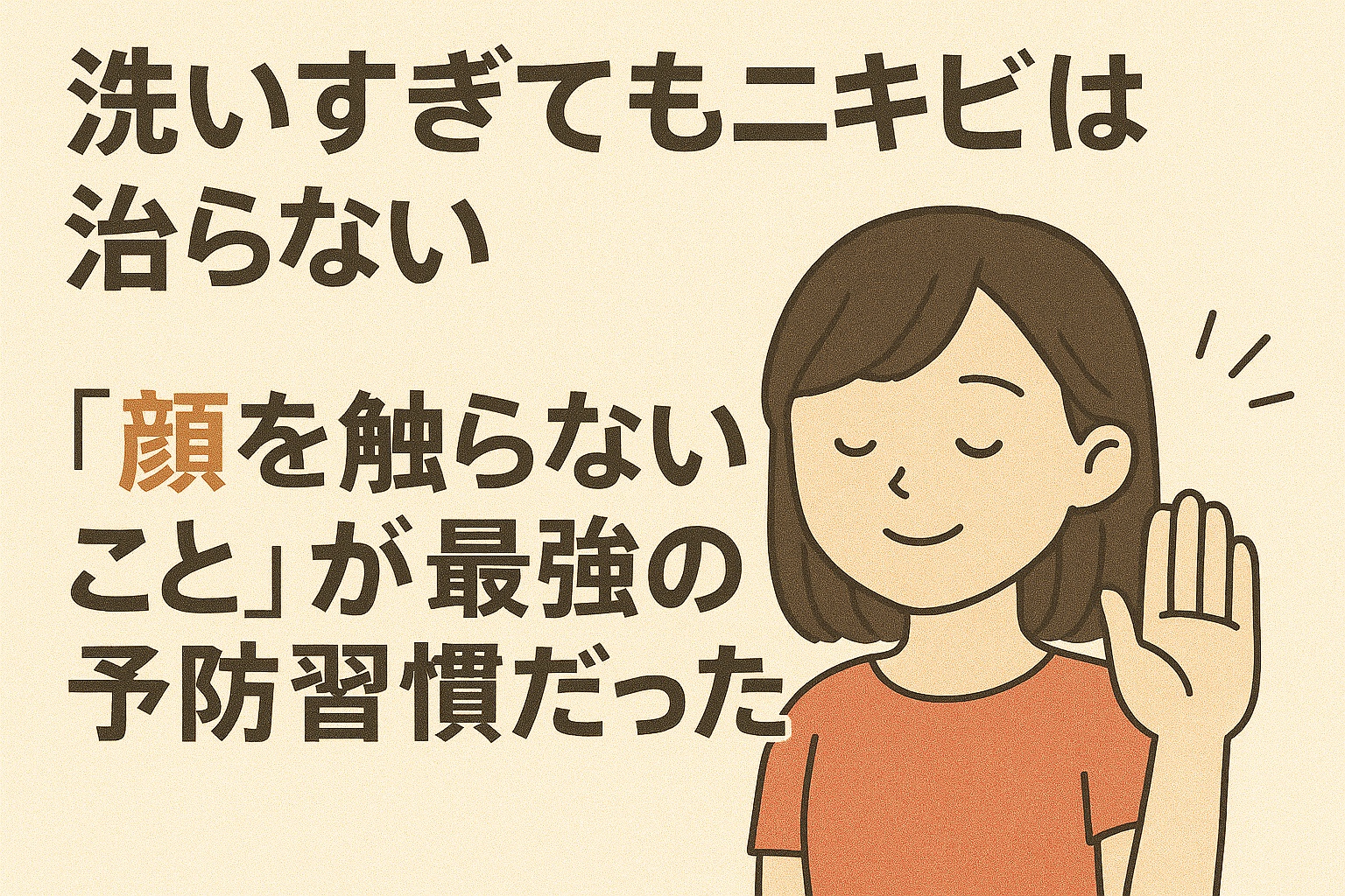 「洗いすぎてもニキビは治らない」という大きなタイトルとともに、目を閉じて手のひらを上げる女性のイラスト。“顔を触らないことが最強の予防習慣だった”という説明が添えられ、ニキビ予防のメッセージを示すデザイン。