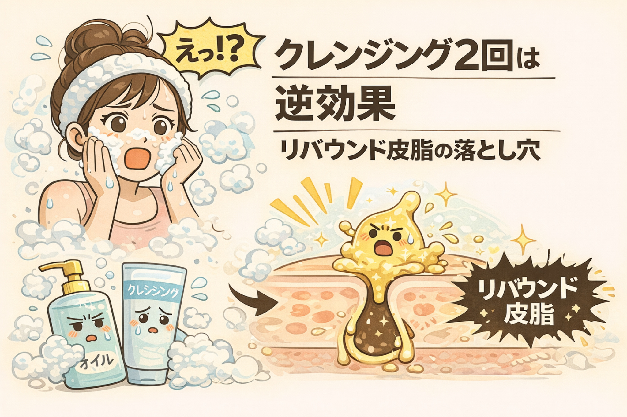 クレンジングを2回行うことで逆に毛穴が詰まりやすくなる「リバウンド皮脂」の仕組みを図解したイラスト。洗いすぎによる乾燥刺激で皮脂分泌が増え、毛穴内に皮脂があふれる様子を、驚く女性と擬人化キャラクターで表現している。