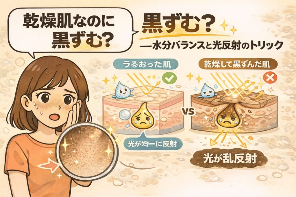 乾燥肌なのに黒ずんで見える理由を、「水分バランス」と「光反射」の違いで説明した図解イラスト。うるおった肌では光が均一に反射して明るく見える一方、乾燥してキメが乱れた肌では光が乱反射し、毛穴や黒ずみが強調されて見える仕組みを、毛穴断面と擬人化キャラクターで比較して表現している。