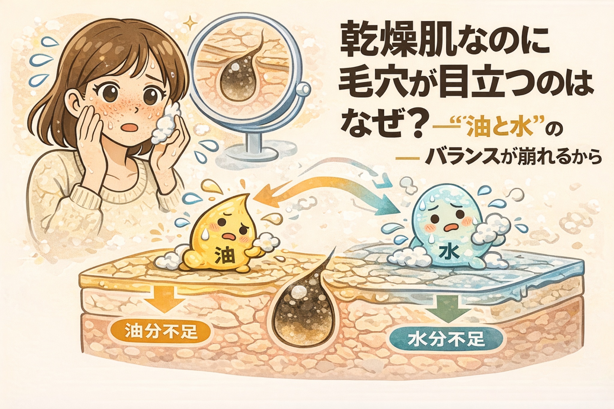 乾燥肌なのに毛穴が目立つ理由を解説した図解イラスト。頬を気にする女性と、毛穴の拡大図を用いて「油分」と「水分」のバランスが崩れることで毛穴が目立つ仕組みを示している。油分不足と水分不足それぞれの状態を擬人化キャラクターで表現し、肌のバランス低下が毛穴目立ちにつながる構造をやさしく説明する教育的ビジュアル。