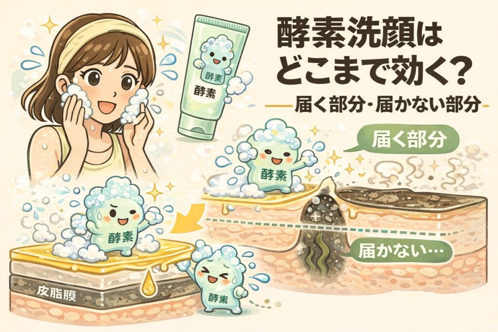 酵素洗顔がどこまで作用するかを図解したイラスト。泡で洗顔する女性と、擬人化された酵素キャラクターが皮膚表面で働く様子が描かれている。角層や皮脂膜までは届く一方、毛穴内部の角栓までは届かない構造を断面図で示し、「届く部分・届かない部分」の違いを分かりやすく解説している教育的ビジュアル。