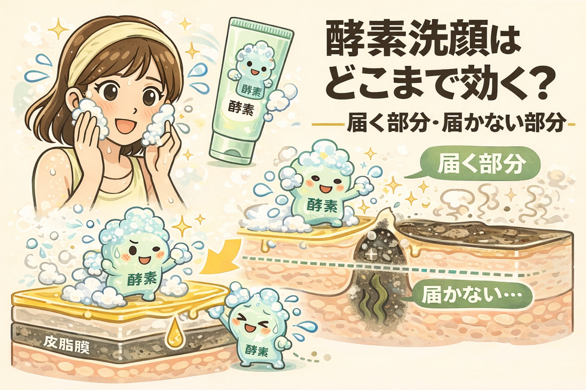 酵素洗顔がどこまで作用するかを図解したイラスト。泡で洗顔する女性と、擬人化された酵素キャラクターが皮膚表面で働く様子が描かれている。角層や皮脂膜までは届く一方、毛穴内部の角栓までは届かない構造を断面図で示し、「届く部分・届かない部分」の違いを分かりやすく解説している教育的ビジュアル。