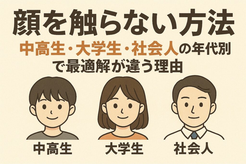 「顔を触らない方法 ― 中高生・大学生・社会人の年代別で最適解が違う理由。中高生・大学生・社会人、それぞれのイラストが並んでいる。」