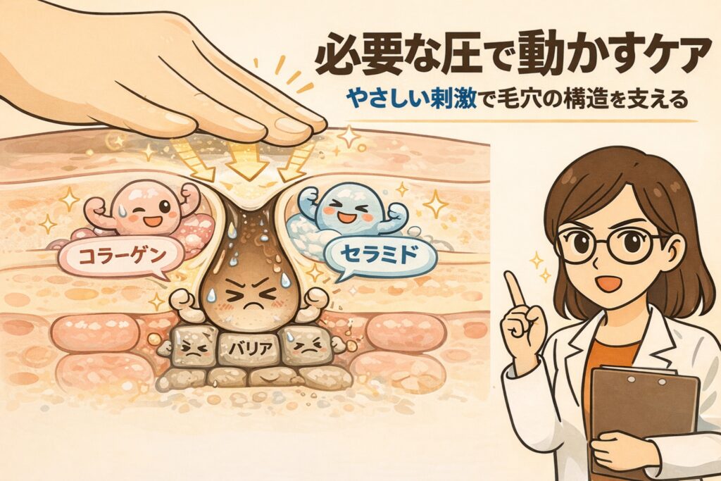 必要な圧で毛穴を動かし、やさしい刺激で毛穴構造を支えるケアを解説した日本風2Dフラットイラスト。指の圧によって毛穴周囲が支えられ、コラーゲンやセラミド、バリア機能が協力して毛穴の形を安定させる様子を断面図で示し、白衣の女性研究者がポイントを説明している。