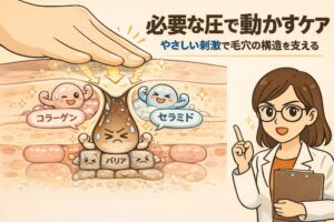 必要な圧で毛穴を動かし、やさしい刺激で毛穴構造を支えるケアを解説した日本風2Dフラットイラスト。指の圧によって毛穴周囲が支えられ、コラーゲンやセラミド、バリア機能が協力して毛穴の形を安定させる様子を断面図で示し、白衣の女性研究者がポイントを説明している。