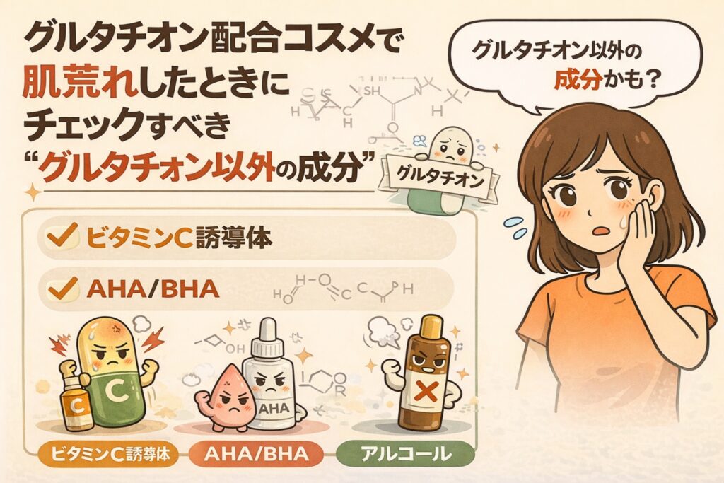 グルタチオン配合コスメで肌荒れしたときに確認すべきポイントを解説するイラスト。グルタチオン以外の成分として、ビタミンC誘導体、AHA/BHA、アルコールの影響に注目し、刺激を受けた成分の擬人化キャラクターと、頬の赤みを気にする女性が描かれている。肌荒れの原因が配合成分にある可能性を分かりやすく示す構図。