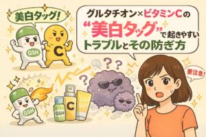 グルタチオンとビタミンCを組み合わせた「美白タグ」で起きやすい肌トラブルと、その防ぎ方を解説するイラスト。GSHとビタミンCの擬人化キャラクター、紫外線対策アイテム、トラブルを示す雲状キャラクター、注意を促す女性が描かれ、相乗効果と同時に起こりやすい刺激や注意点を分かりやすく示している。