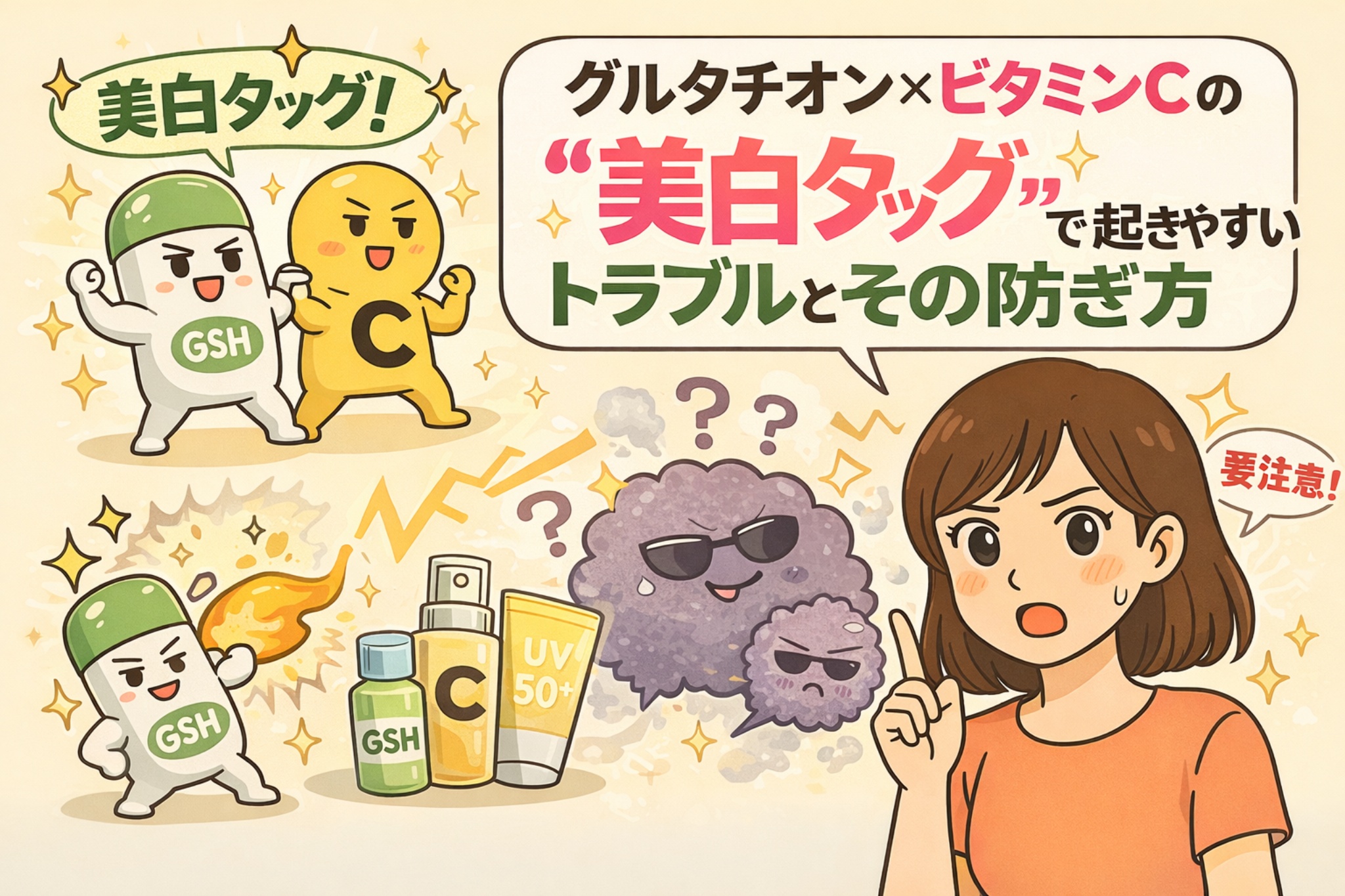 グルタチオンとビタミンCを組み合わせた「美白タグ」で起きやすい肌トラブルと、その防ぎ方を解説するイラスト。GSHとビタミンCの擬人化キャラクター、紫外線対策アイテム、トラブルを示す雲状キャラクター、注意を促す女性が描かれ、相乗効果と同時に起こりやすい刺激や注意点を分かりやすく示している。