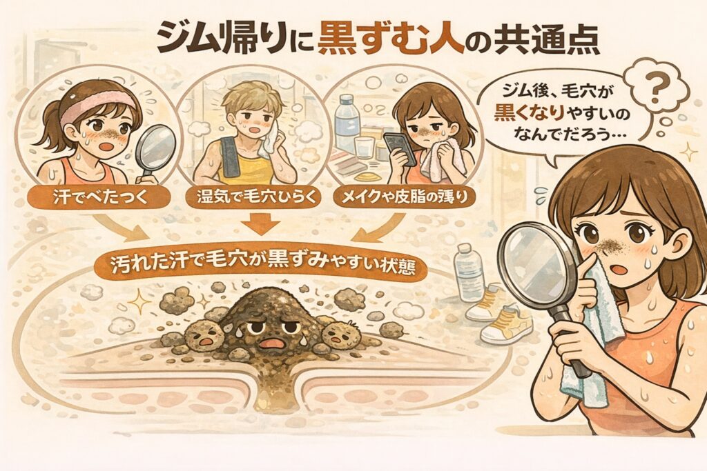 ジム帰りに黒ずみが目立ちやすくなる人の共通点を解説するイラスト。上段には「汗でべたつく」「湿気で毛穴が開く」「メイクや皮脂の残り」といった状況が並び、運動後の環境が毛穴に影響する様子が示されている。下段では、汚れた汗や皮脂が毛穴に入り込み、黒ずみができやすい状態を毛穴断面図で表現。右側では鏡を見て黒ずみを確認する女性が描かれ、ジム後のケア不足が黒ずみにつながる構造を視覚的に説明している構図。