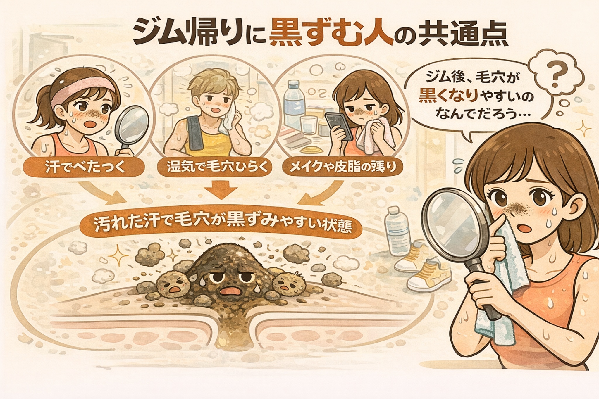 ジム帰りに黒ずみが目立ちやすくなる人の共通点を解説するイラスト。上段には「汗でべたつく」「湿気で毛穴が開く」「メイクや皮脂の残り」といった状況が並び、運動後の環境が毛穴に影響する様子が示されている。下段では、汚れた汗や皮脂が毛穴に入り込み、黒ずみができやすい状態を毛穴断面図で表現。右側では鏡を見て黒ずみを確認する女性が描かれ、ジム後のケア不足が黒ずみにつながる構造を視覚的に説明している構図。