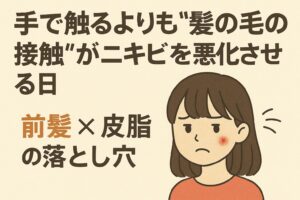 「前髪が頰に触れてニキビが悪化する様子を描いたイラスト。困った表情の女性の頰に赤いニキビがあり、背景には“手で触るよりも髪の毛の接触がニキビを悪化させる日／前髪×皮脂の落とし穴”という日本語の大きなタイトルが描かれている。」