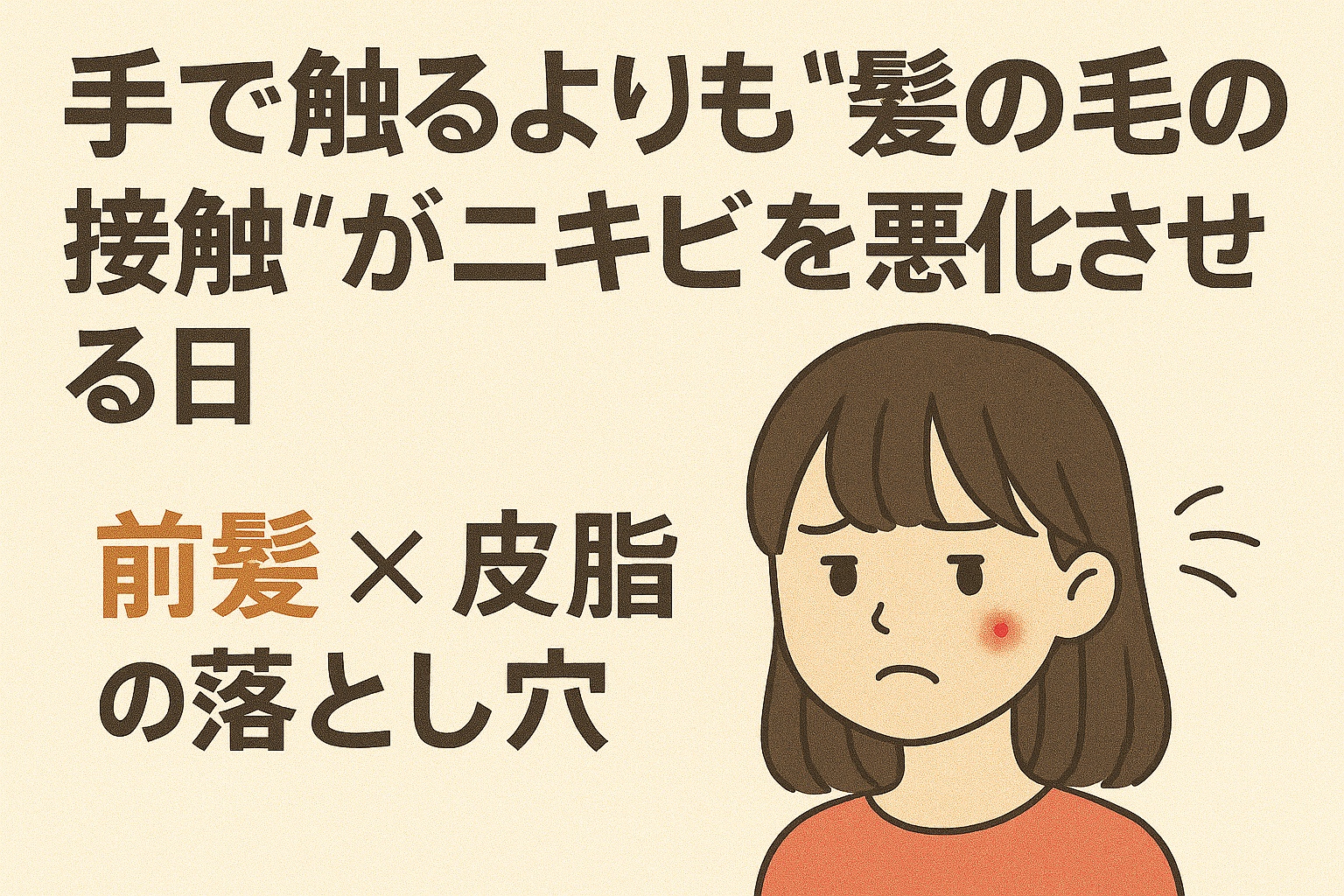 「前髪が頰に触れてニキビが悪化する様子を描いたイラスト。困った表情の女性の頰に赤いニキビがあり、背景には“手で触るよりも髪の毛の接触がニキビを悪化させる日/前髪×皮脂の落とし穴”という日本語の大きなタイトルが描かれている。」