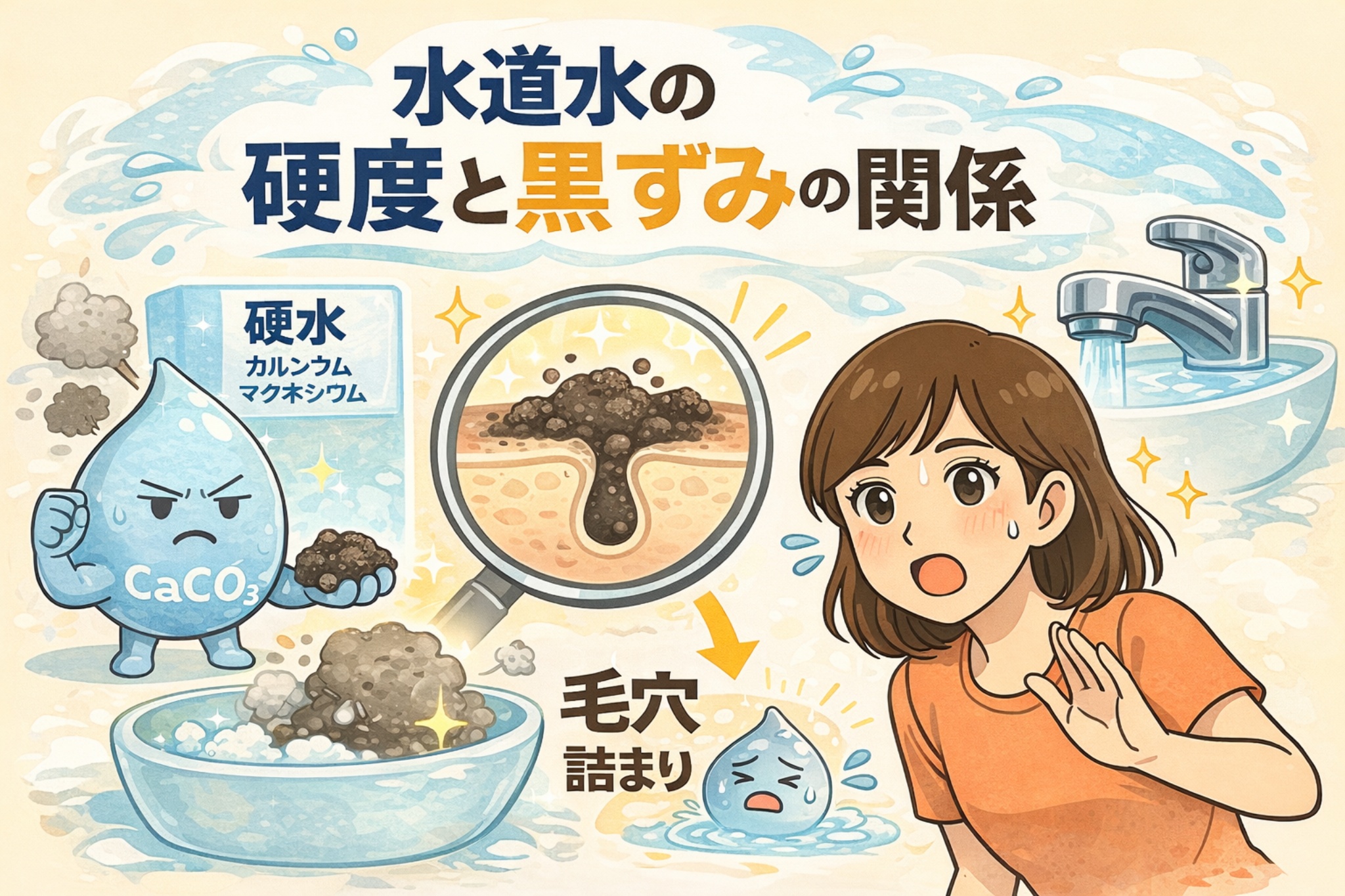 水道水の硬度と毛穴の黒ずみの関係を解説したイラスト。カルシウムやマグネシウムを含む硬水が皮脂や汚れと結合し、毛穴詰まりを助長する様子を、毛穴断面の拡大図と擬人化キャラクターで表現。洗面台の水道水と驚く女性の表情を通して、硬水が黒ずみの一因になり得る構造を視覚的に示している。