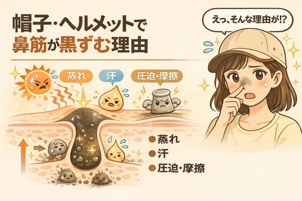 帽子やヘルメットの着用で鼻筋が黒ずみやすくなる理由を解説するイラスト。蒸れ・汗・圧迫や摩擦といった要因がキャラクターで示され、毛穴断面では皮脂が押し上げられて酸化し、黒ずみが目立つ過程が描かれている。右側では帽子をかぶった女性が鼻の黒ずみを気にしており、着用時の環境変化が鼻の毛穴トラブルにつながることを視覚的に説明する構図。