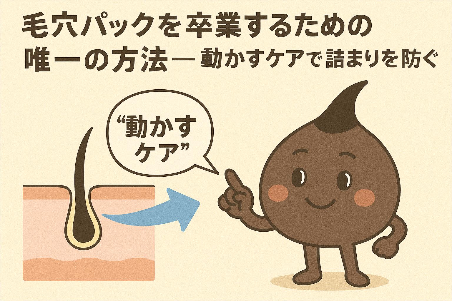 「毛穴パックを卒業するための唯一の方法──動かすケアで詰まりを防ぐ」を説明するイラスト。 左側には毛穴の断面図が描かれ、毛穴の中の角栓が“動く”イメージを示す青い矢印。 右側には角栓の擬人化キャラクターがニコニコしながら指を立て、「動かすケア」と書かれた吹き出しで解説している。 毛穴パックで“取る”のではなく、日々のケアで角栓を“動かして溜めない”ことが毛穴パック卒業の鍵であるというメッセージを視覚的に伝える構成。