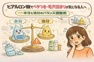 ヒアルロン酸使用後にベタつきや毛穴詰まりが気になる人向けに、水分と油分のバランス調整を解説するイラスト。水分（ヒアルロン酸）と油分を天秤で比較し、偏ると肌トラブルにつながる様子を表現。化粧水や乳液の組み合わせに悩む女性が描かれ、適切なバランスの重要性を分かりやすく示している。