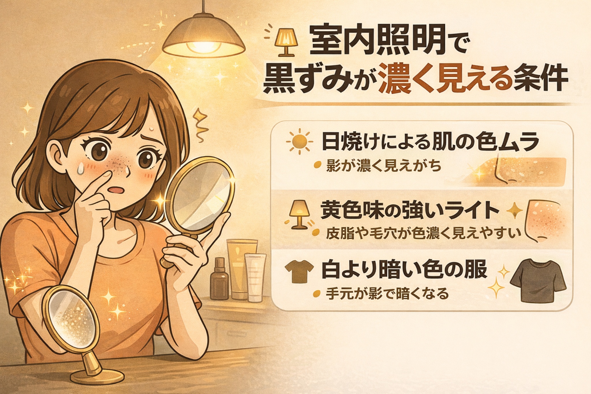 室内照明の条件によって黒ずみが濃く見える理由を解説するイラスト。鏡を持った女性が鼻の黒ずみを確認しており、周囲には黄色味の強い照明が描かれている。右側の解説では、日焼けによる肌の色ムラで影が強調されること、暖色系の照明で皮脂や毛穴が濃く見えやすいこと、白より暗い色の服を着ると顔周りの影が強くなることが示されている。黒ずみの見え方が照明や環境要因で変わることを視覚的に説明する構図。
