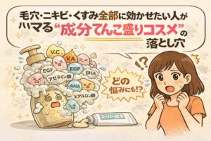 毛穴・ニキビ・くすみのすべてに同時に効かせようとして「成分てんこ盛りコスメ」にハマる落とし穴を解説するイラスト。ビタミンC、レチノール、AHA・BHA、EGF、アゼライン酸、ヒアルロン酸など多数の成分が詰め込まれた容器があふれる様子と、どの悩みにも効かせたいと迷う女性が描かれ、成分過多による肌負担のリスクを分かりやすく示している。