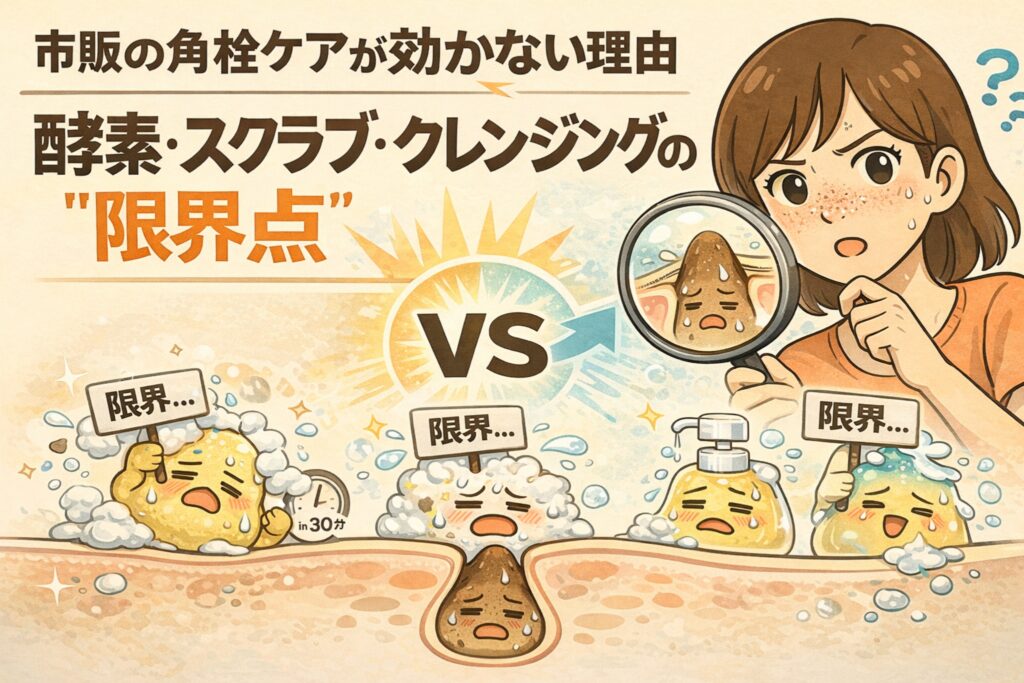 市販の角栓ケアが効かない理由を解説するイラスト。酵素洗顔・スクラブ・クレンジングを使っても「限界」と表示される角栓キャラクターが描かれ、毛穴断面では奥に残る角栓の構造が示されている。虫眼鏡を持って悩む女性と「VS」構図により、表面的なケアと毛穴構造の問題点をわかりやすく対比している。