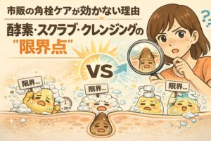 市販の角栓ケアが効かない理由を解説するイラスト。酵素洗顔・スクラブ・クレンジングを使っても「限界」と表示される角栓キャラクターが描かれ、毛穴断面では奥に残る角栓の構造が示されている。虫眼鏡を持って悩む女性と「VS」構図により、表面的なケアと毛穴構造の問題点をわかりやすく対比している。