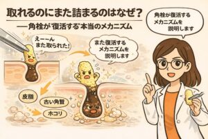 角栓は取れても再び詰まる理由を解説する図解イラスト。皮脂・古い角質・ホコリが混ざり、除去後も同じ構造が再形成されて角栓が復活するメカニズムを、白衣の女性が説明している。
