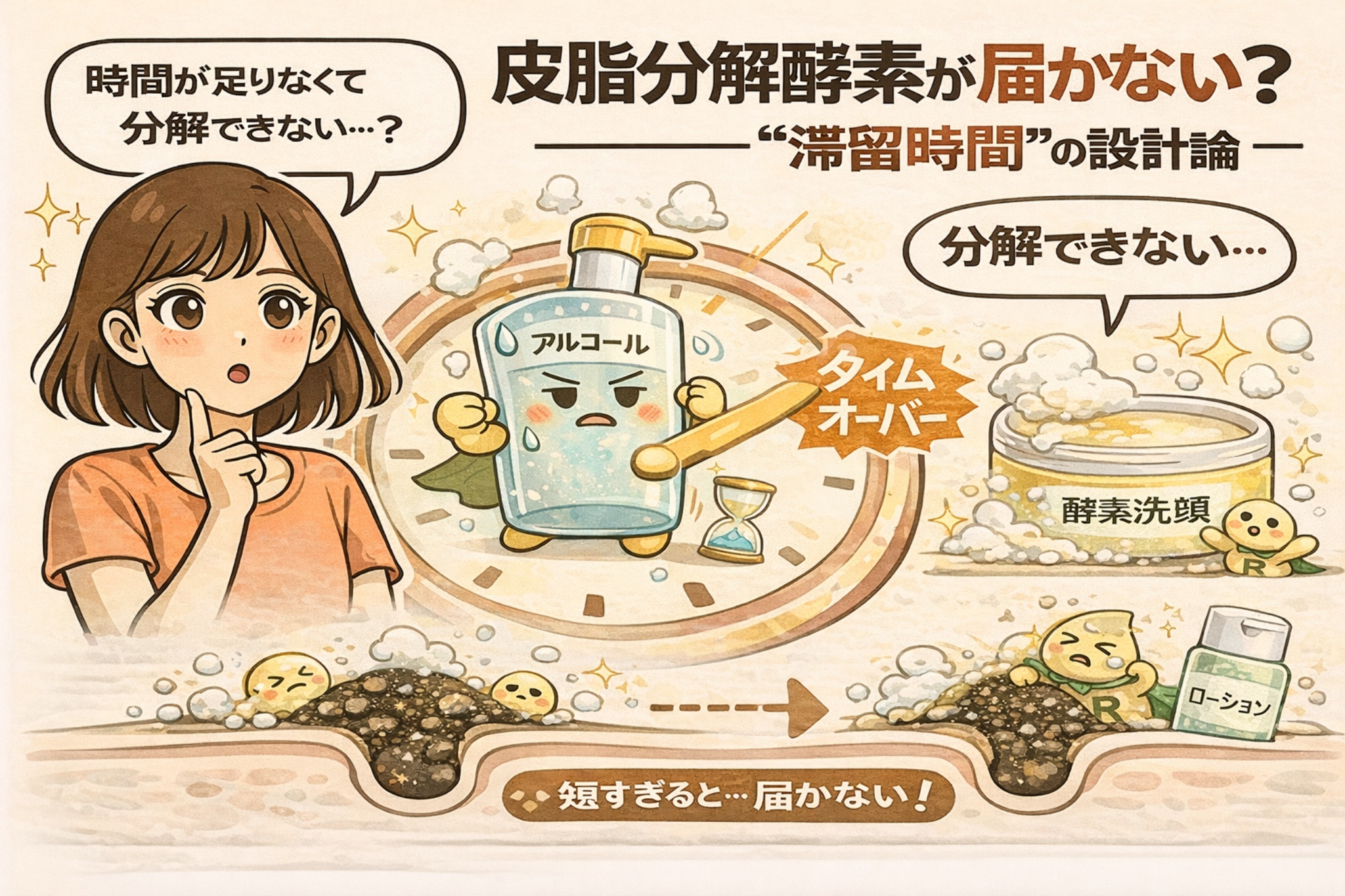 皮脂分解酵素が毛穴奥まで届かない理由を「滞留時間」の視点で解説するイラスト。中央に時計と「タイムオーバー」の表示があり、酵素が作用する前に時間切れになる様子が描かれている。毛穴断面図では、滞留時間が短すぎると酵素が角栓に十分届かず分解できないことが示され、アルコール配合や洗い流しの早さが影響する構造を説明している。皮脂分解には時間設計が重要であることを視覚的に伝える構図。