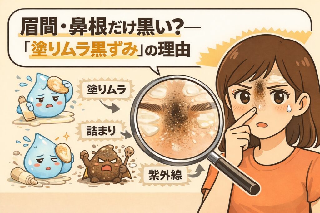 眉間や鼻根だけが黒く見える「塗りムラ黒ずみ」の原因を解説するイラスト。ファンデーションの塗りムラによるヨレや、毛穴の詰まり、紫外線の影響が重なって黒ずみが強調される仕組みを拡大図で表現。右側では鏡を見て眉間の黒ずみを気にする女性が描かれ、メイクと毛穴状態の関係が分かりやすく示されている。