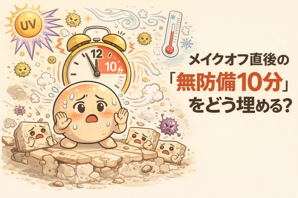 メイクオフ直後に生じる「無防備な10分間」をどうケアするかを解説するイラスト。中央に不安そうな肌キャラクターと「10分」と表示された時計が描かれ、周囲には紫外線・乾燥・温度変化などの刺激要因が表現されている。崩れた足場の上で肌がダメージを受けやすい状態を示し、メイク落とし後の早めの保湿・ケアの重要性を伝える構図。
