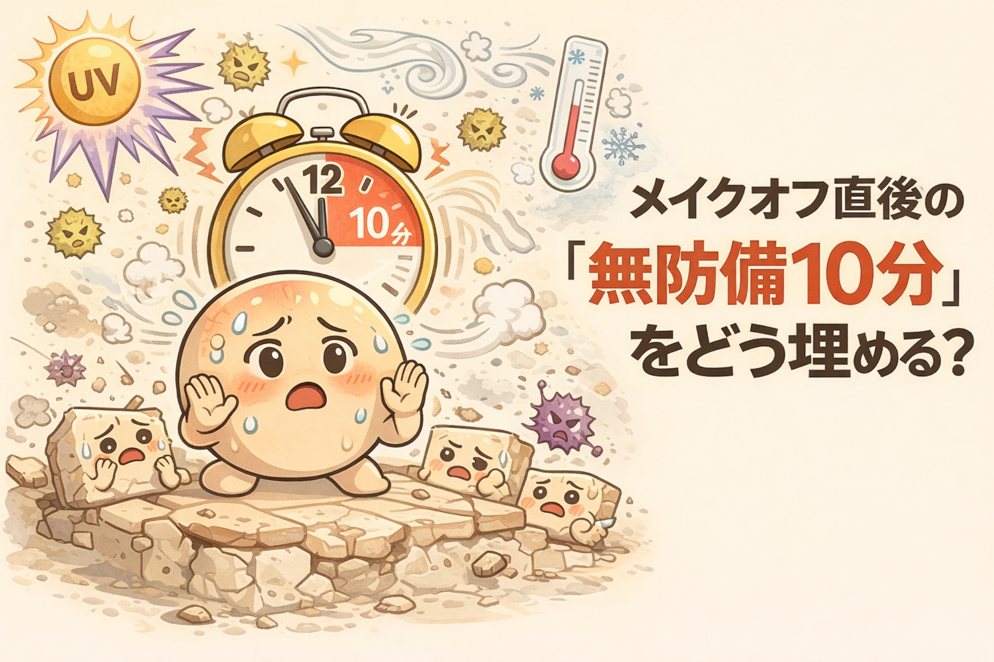 メイクオフ直後に生じる「無防備な10分間」をどうケアするかを解説するイラスト。中央に不安そうな肌キャラクターと「10分」と表示された時計が描かれ、周囲には紫外線・乾燥・温度変化などの刺激要因が表現されている。崩れた足場の上で肌がダメージを受けやすい状態を示し、メイク落とし後の早めの保湿・ケアの重要性を伝える構図。