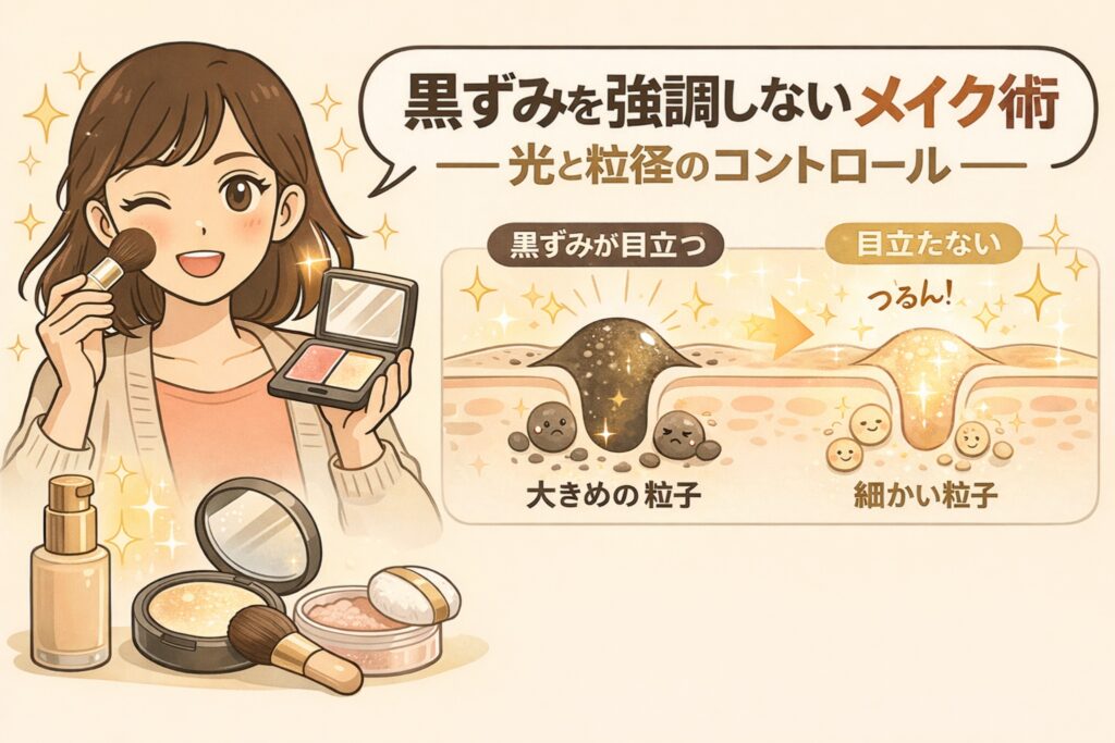 黒ずみを強調しないメイク術を「光と粒径のコントロール」で解説するイラスト。左側では女性がフェイスパウダーやチークを使ってメイクしている様子が描かれ、右側では毛穴断面の比較図として、大きめの粒子は黒ずみを目立たせ、細かい粒子は光を拡散して毛穴をなめらかに見せる違いが示されている。メイクアイテムの粒子サイズと光反射が黒ずみの見え方に影響することを視覚的に説明する構図。