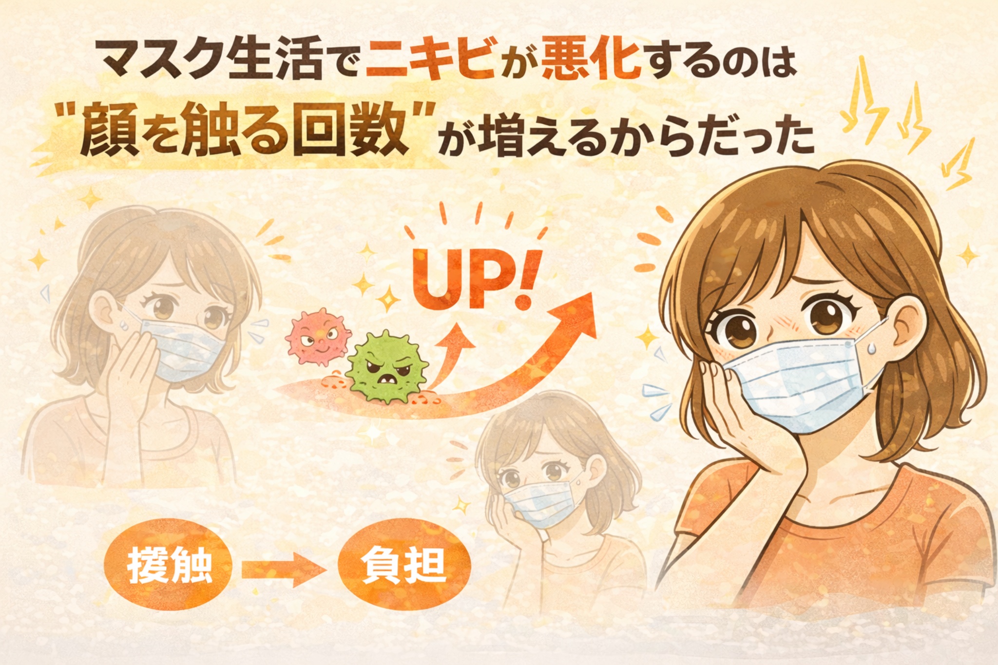 マスク生活でニキビが悪化する原因として、無意識に顔を触る回数が増えることを解説したイラスト。マスク着用中の接触回数増加が肌への負担となり、ニキビ悪化につながる構造を視覚的に示している。
