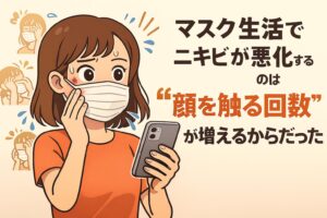 「マスク生活でニキビが悪化するのは“顔を触る回数”が増えるからだった」と説明するイラスト。 マスクをつけた女性が、スマホを持ちながら無意識に頬のマスク部分を触っている。 頬には赤いニキビができており、周囲にはマスクを頻繁に触る様子の小さなカットイラストが並ぶ。 マスク着用により無意識に顔へ触れる回数が増え、肌トラブルが悪化することを視覚的に表現した構成。