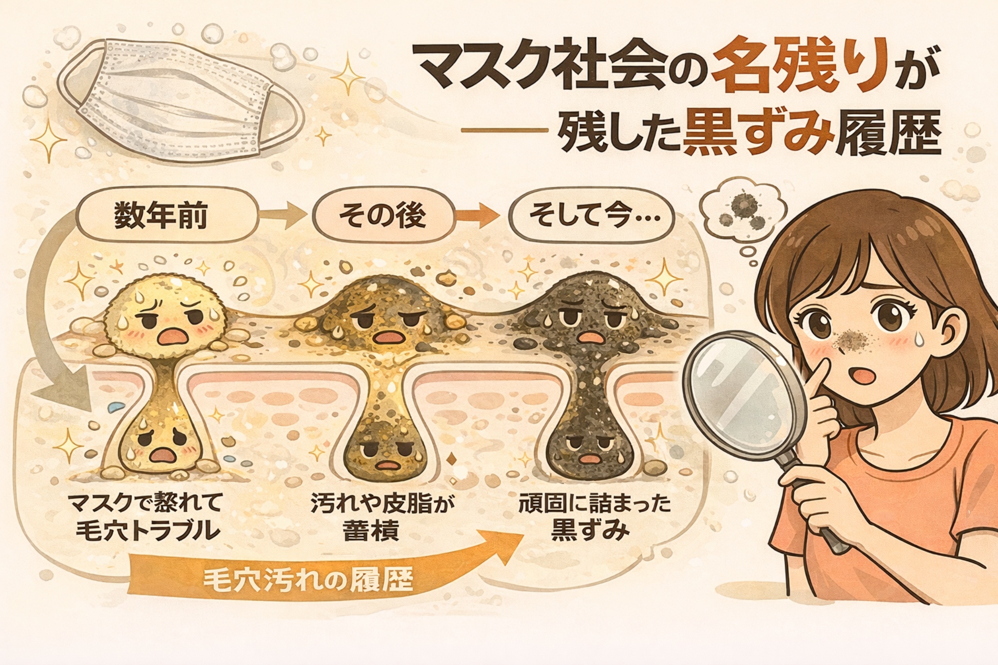 マスク社会の影響で黒ずみが残った経緯を時系列で解説するイラスト。左から「数年前」はマスクによる蒸れで毛穴トラブルが起きた状態、「その後」は汚れや皮脂が毛穴に蓄積していく過程、「そして今」は頑固に詰まった黒ずみが残った状態が描かれている。右側では拡大鏡を持った女性が現在の黒ずみを観察し、マスク生活が残した毛穴汚れの履歴を視覚的に示している構図。